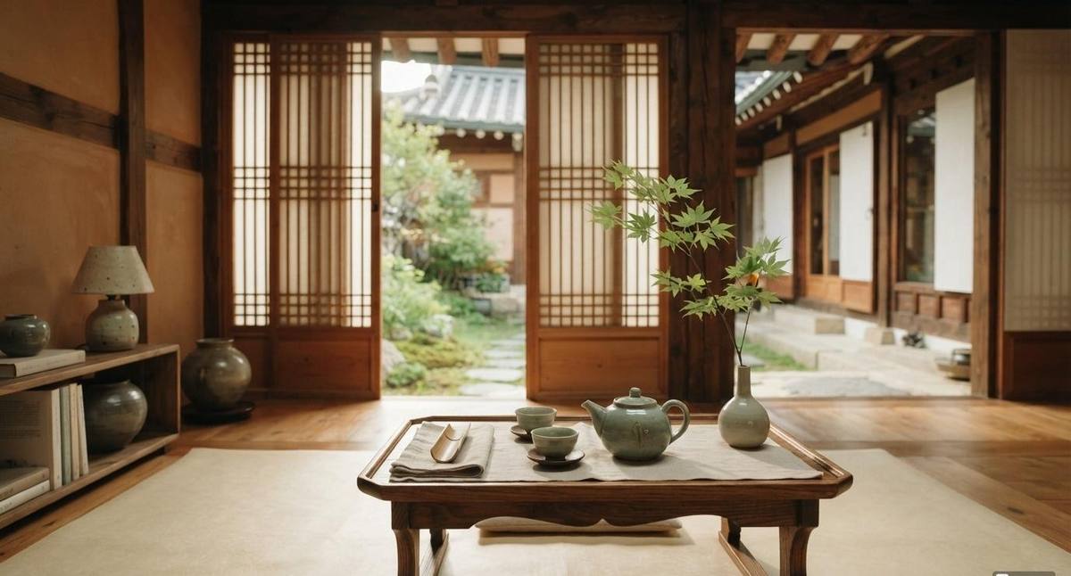 A tea table set in a hanok, courtyard beyond