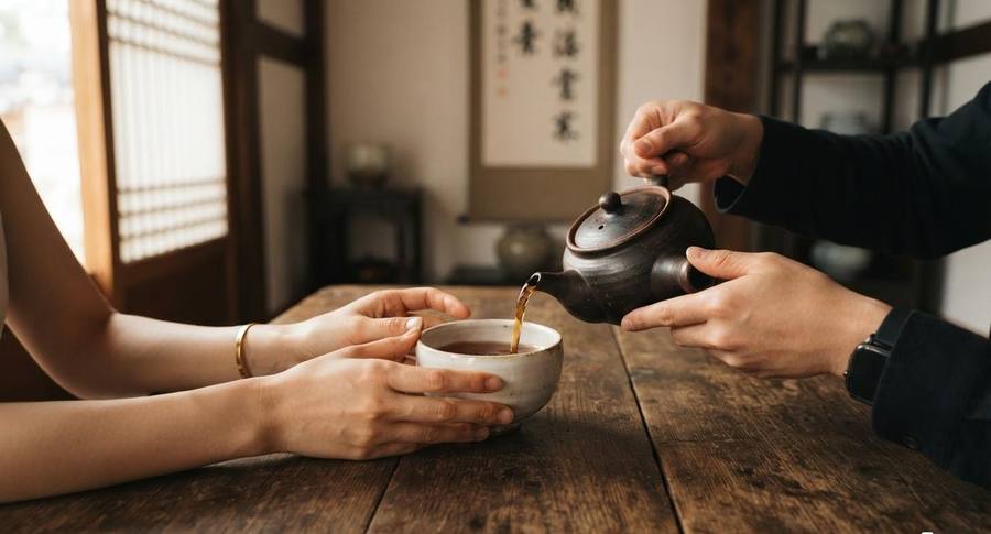 Tea poured for a guest at a wooden table